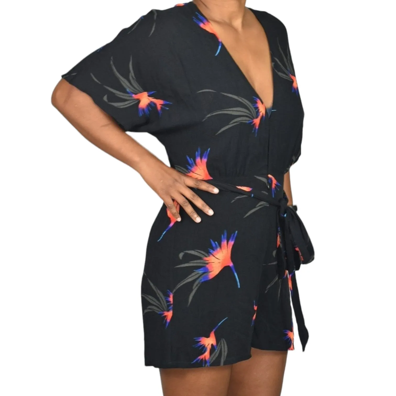 Knot Sisters Mucho Aloha Romper Black Tropical Floral Multi Print Viscose Belted Size Medium