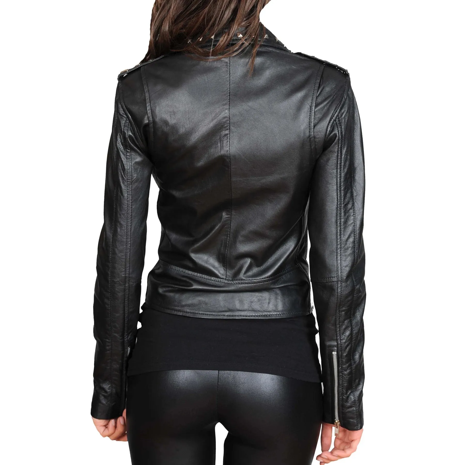 Ladies Studded Cropped Fitted Biker Leather Jacket