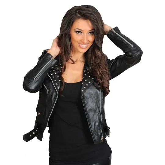 Ladies Studded Cropped Fitted Biker Leather Jacket