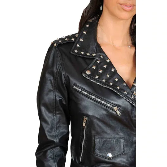 Ladies Studded Cropped Fitted Biker Leather Jacket