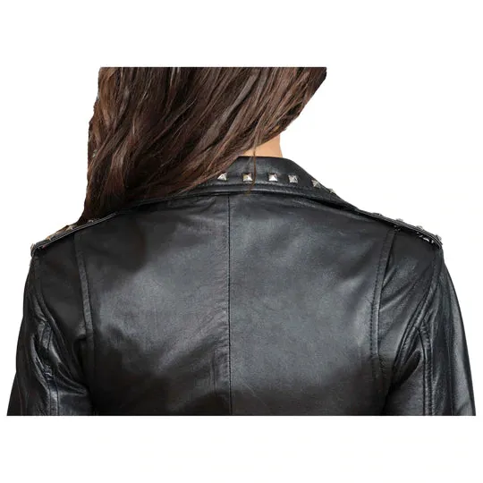 Ladies Studded Cropped Fitted Biker Leather Jacket