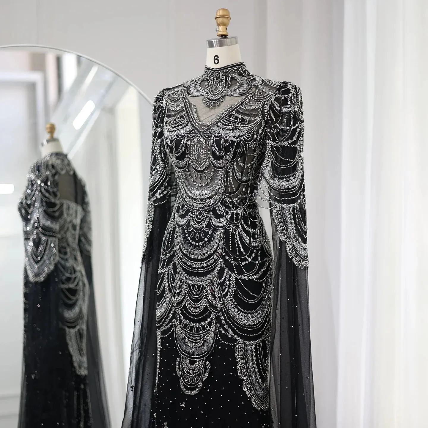 Luxury Burgundy Mermaid Evening Dress with Cape Sleeves SS145