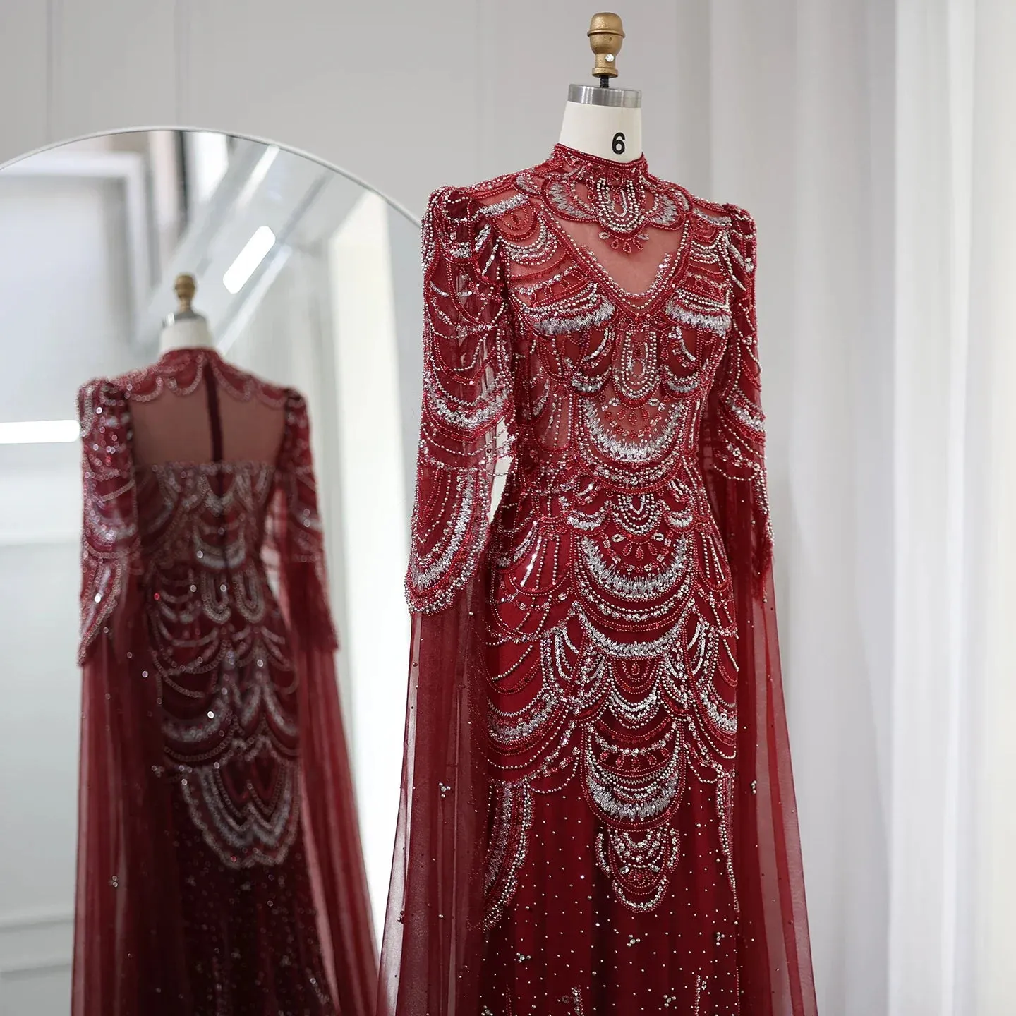 Luxury Burgundy Mermaid Evening Dress with Cape Sleeves SS145