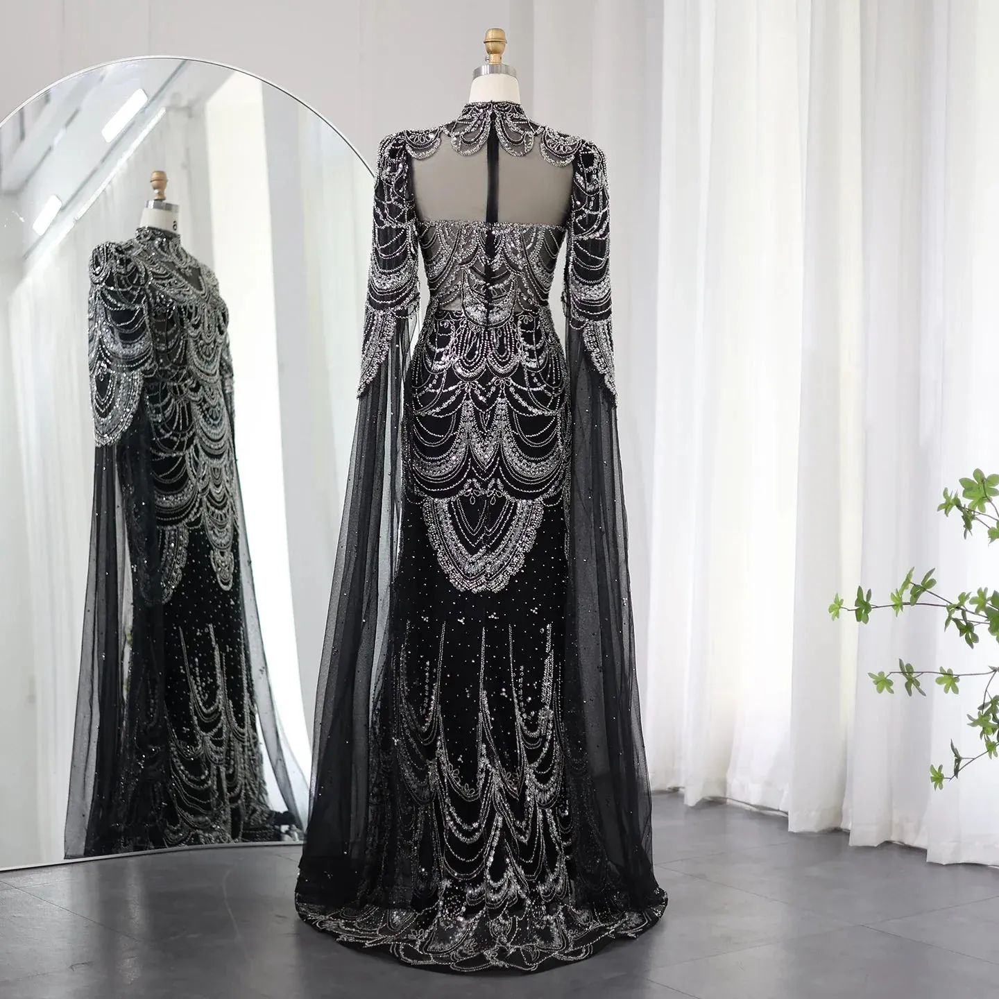 Luxury Burgundy Mermaid Evening Dress with Cape Sleeves SS145