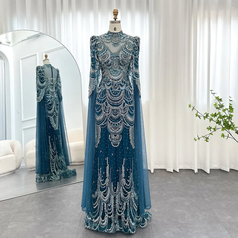 Luxury Burgundy Mermaid Evening Dress with Cape Sleeves SS145