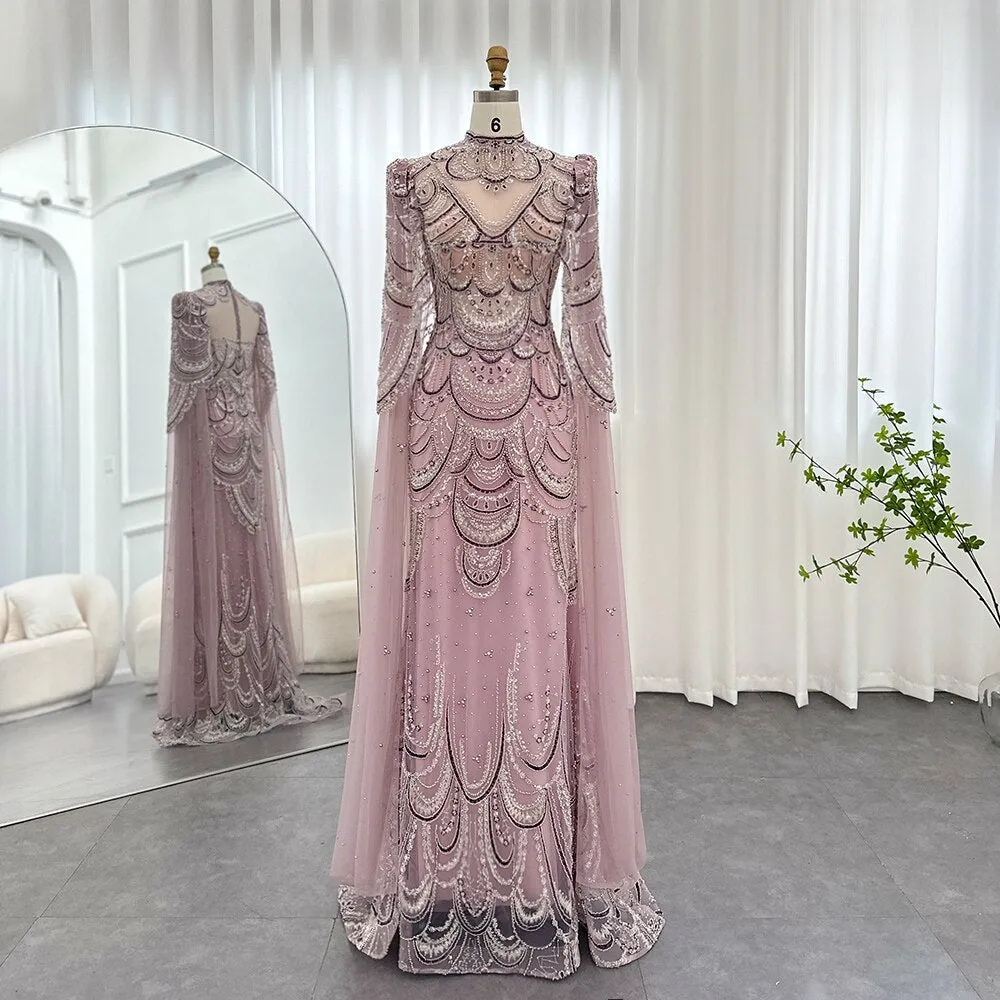 Luxury Burgundy Mermaid Evening Dress with Cape Sleeves SS145