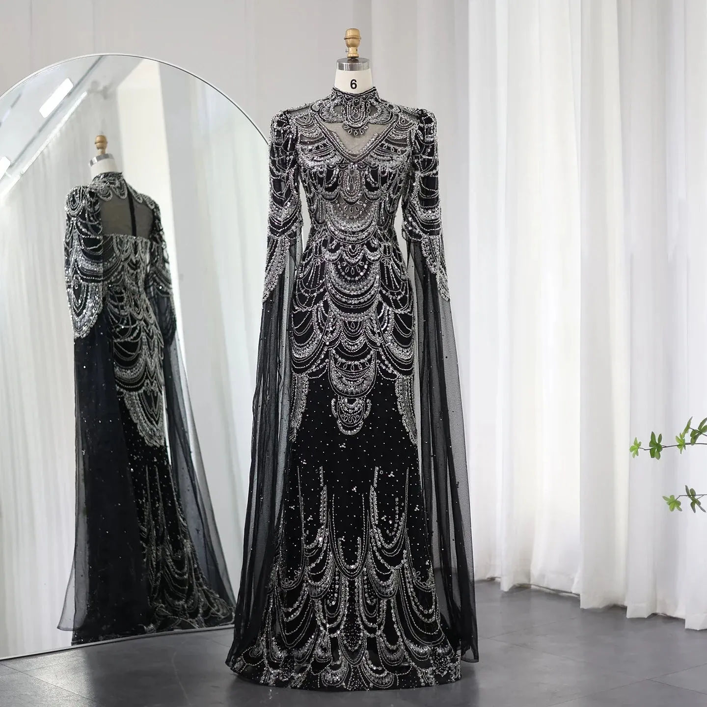 Luxury Burgundy Mermaid Evening Dress with Cape Sleeves SS145