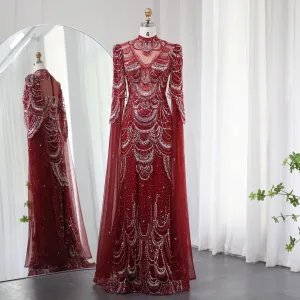 Luxury Burgundy Mermaid Evening Dress with Cape Sleeves SS145