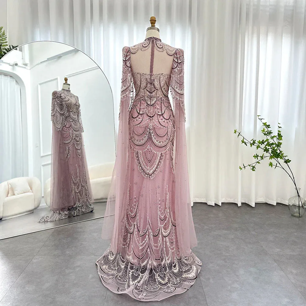 Luxury Burgundy Mermaid Evening Dress with Cape Sleeves SS145