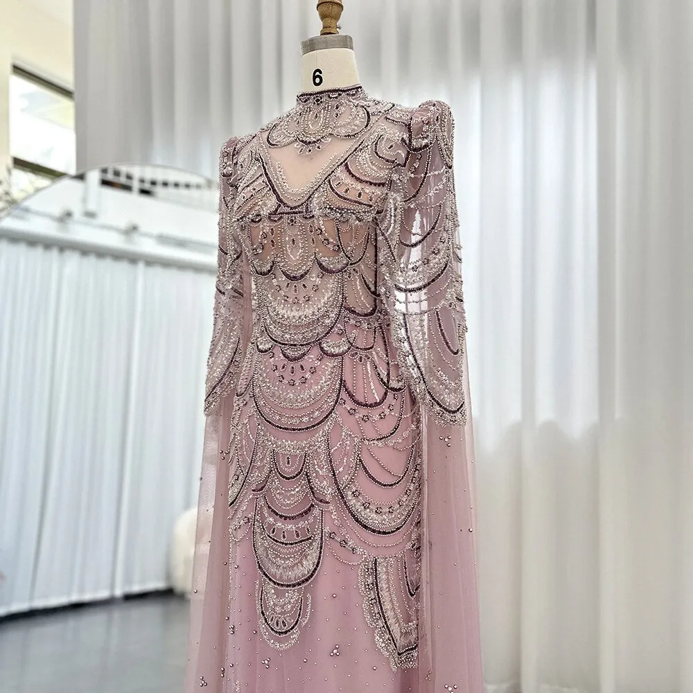 Luxury Burgundy Mermaid Evening Dress with Cape Sleeves SS145