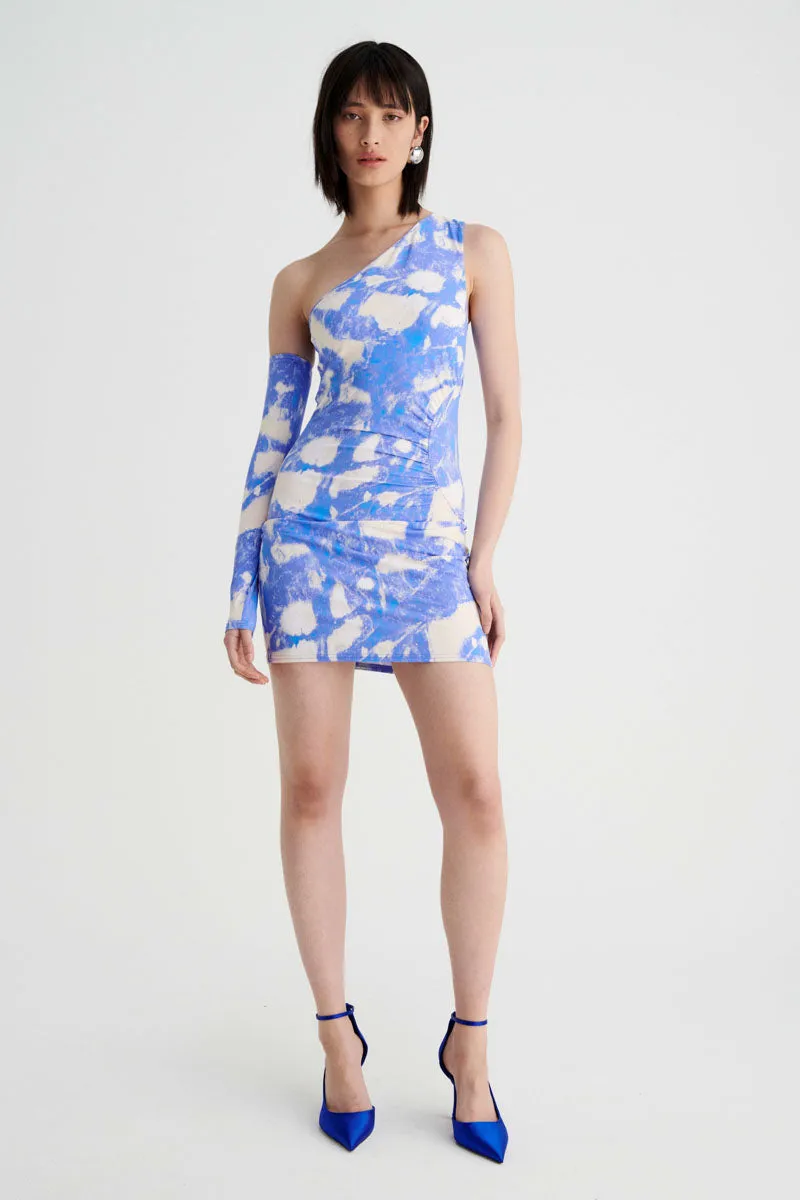 Marble Ruched One-Shoulder Mini Dress