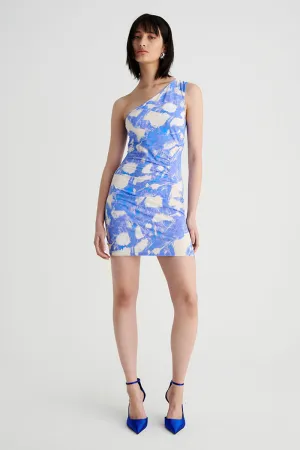 Marble Ruched One-Shoulder Mini Dress