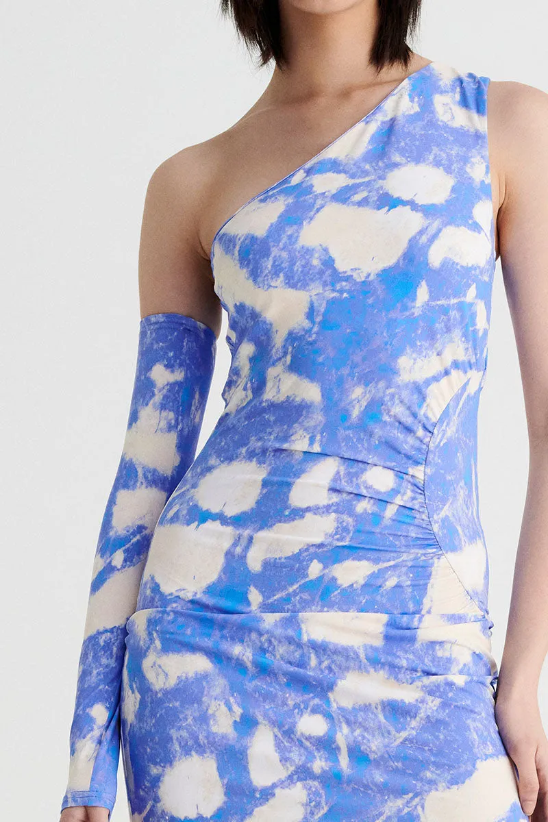 Marble Ruched One-Shoulder Mini Dress