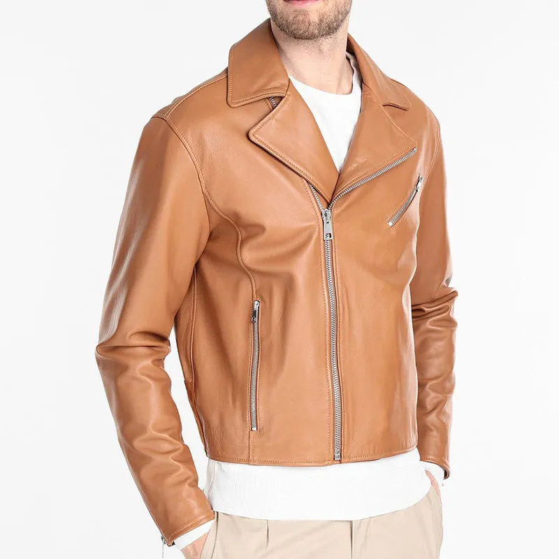 Men Tan Brown Biker Leather Jacket