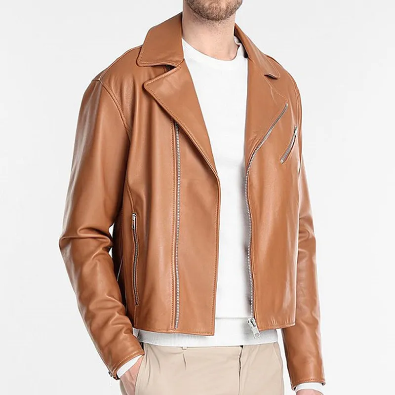 Men Tan Brown Biker Leather Jacket