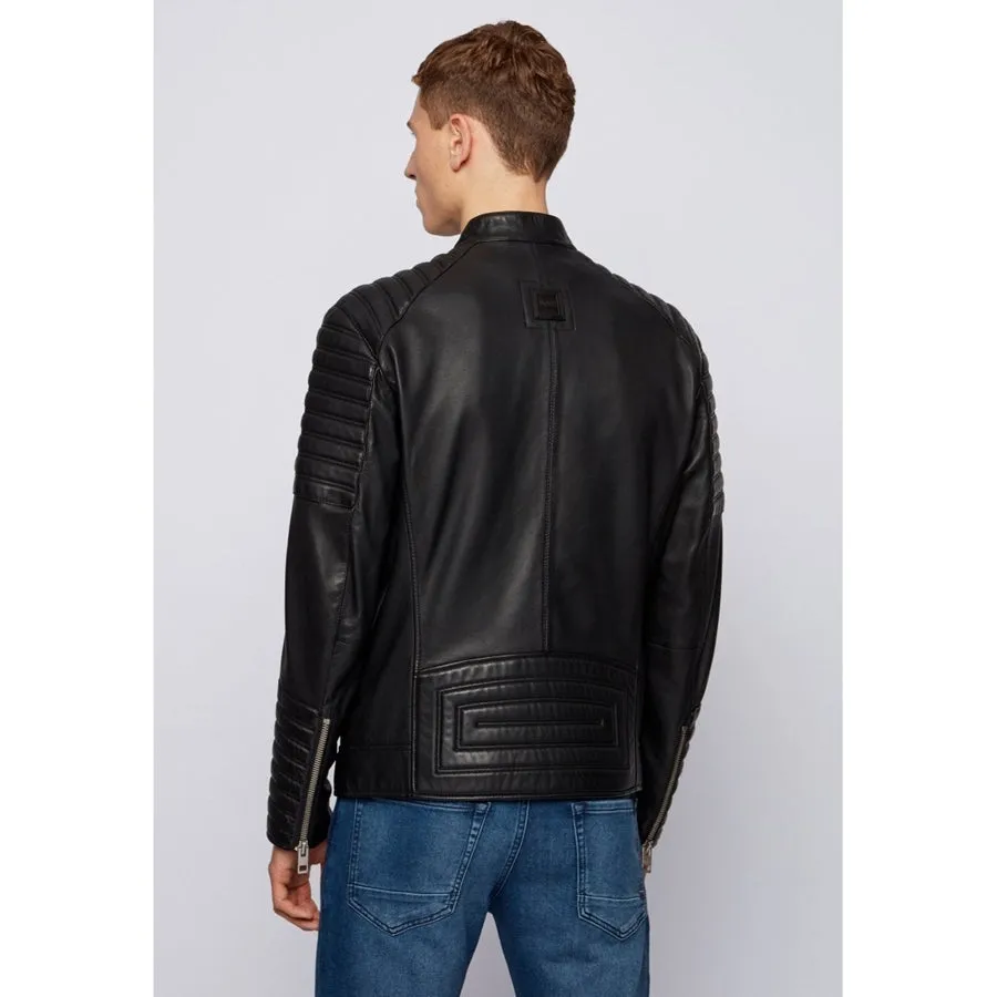 Mens Black Leather Crew Neck Biker Jacket