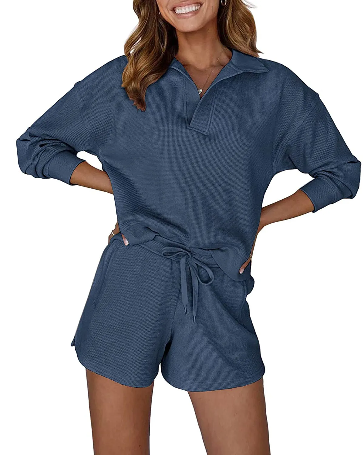 MEROKEETY 2023 Waffle Knit Long Sleeve Lounge Set