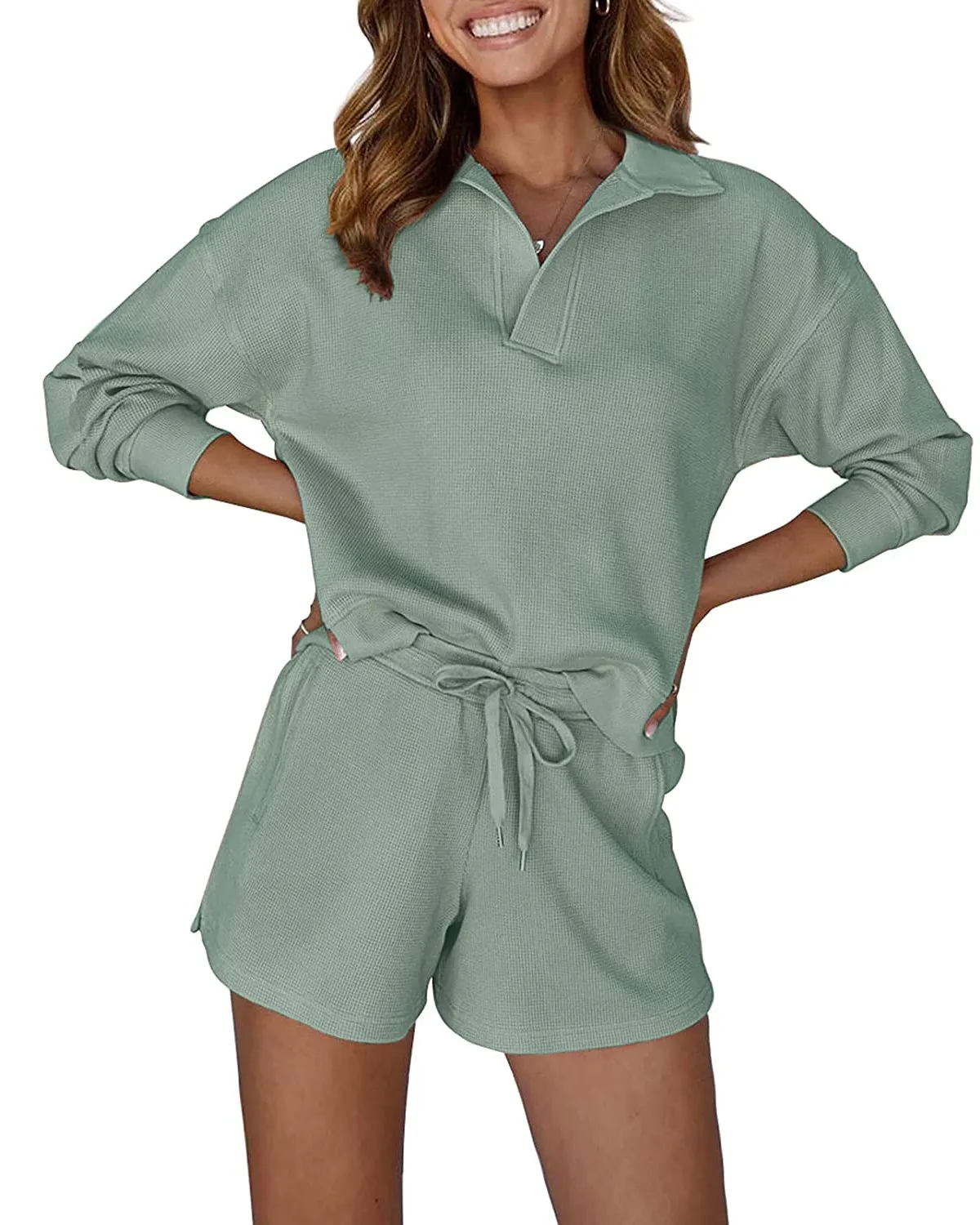 MEROKEETY 2023 Waffle Knit Long Sleeve Lounge Set