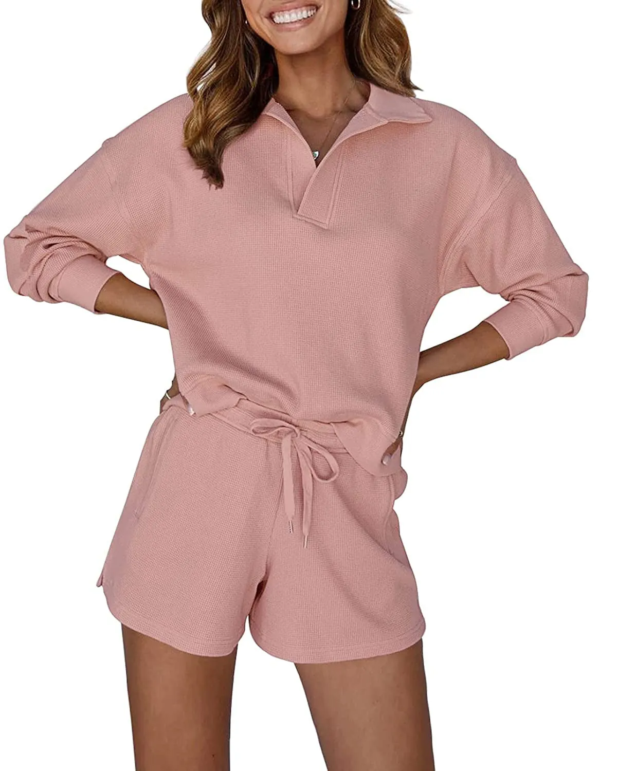 MEROKEETY 2023 Waffle Knit Long Sleeve Lounge Set
