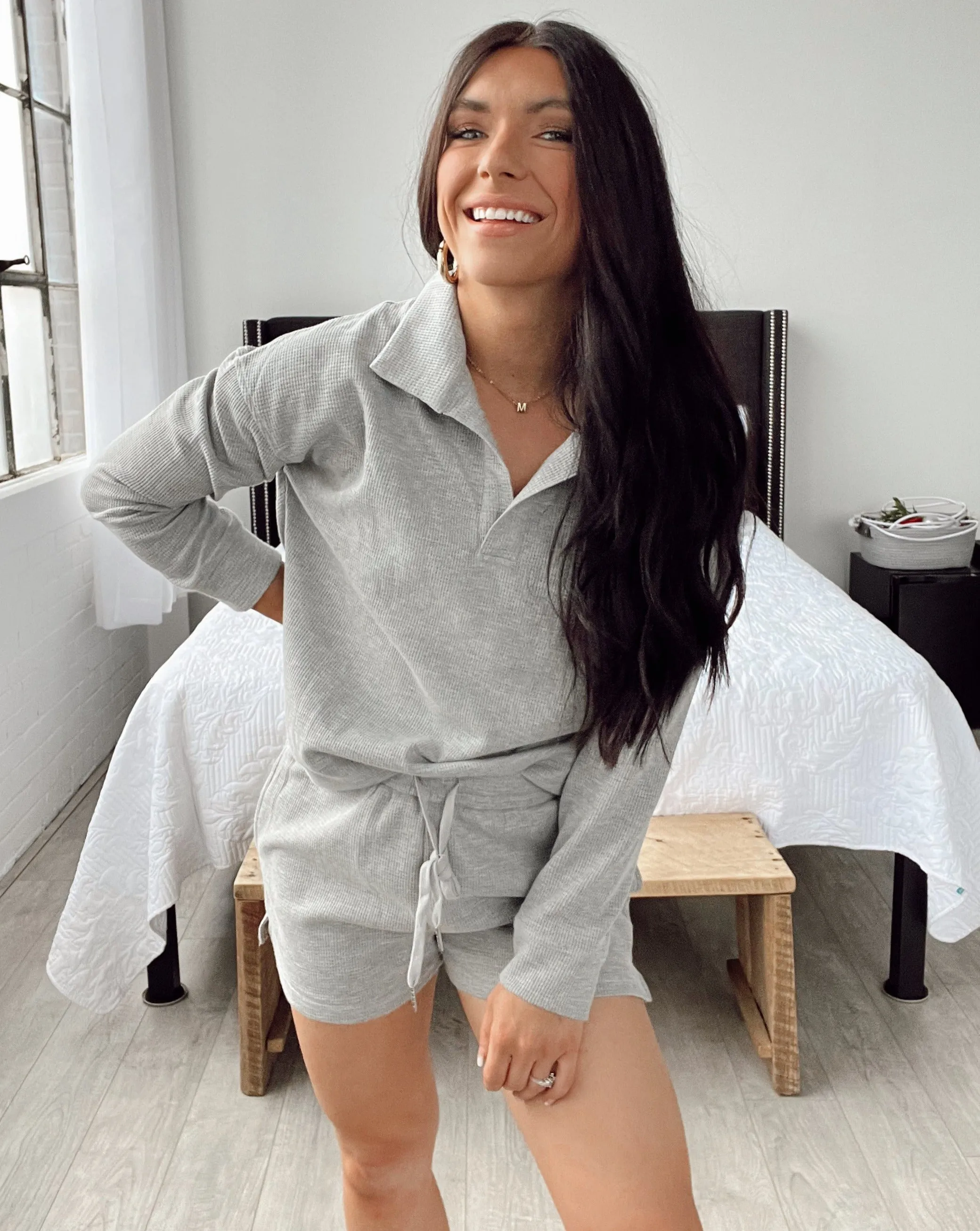 MEROKEETY 2023 Waffle Knit Long Sleeve Lounge Set