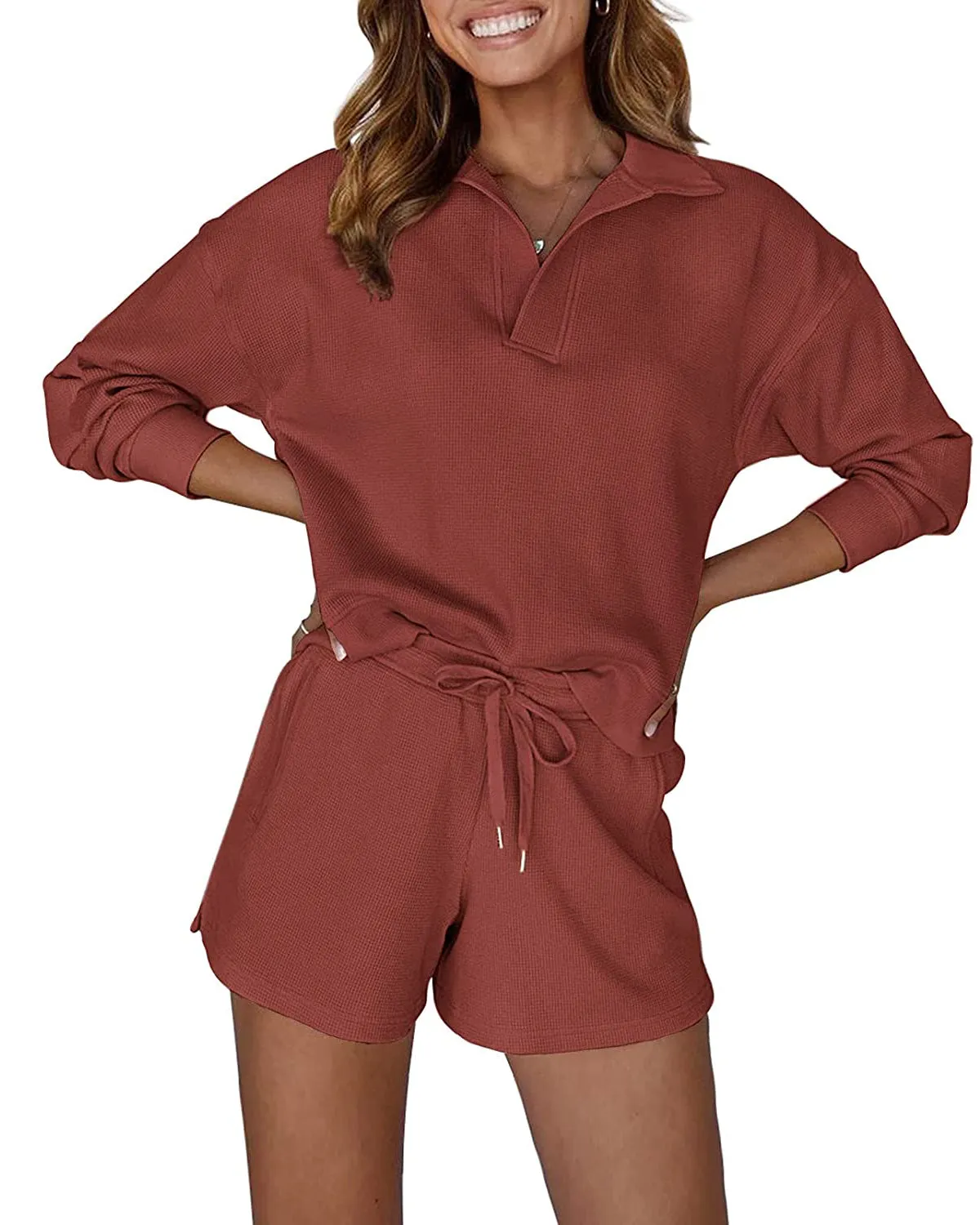 MEROKEETY 2023 Waffle Knit Long Sleeve Lounge Set