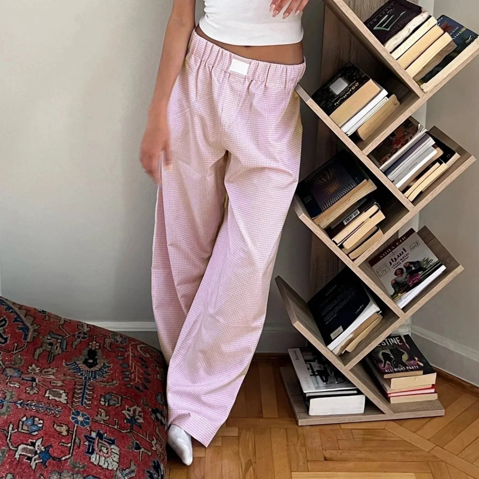 MQTIME  -    Pajama Pants Women Y2k Plaid Elastic High Waist Straight Wide Leg Lounge Pj Pants Soft Pajama Bottoms Sleepwear