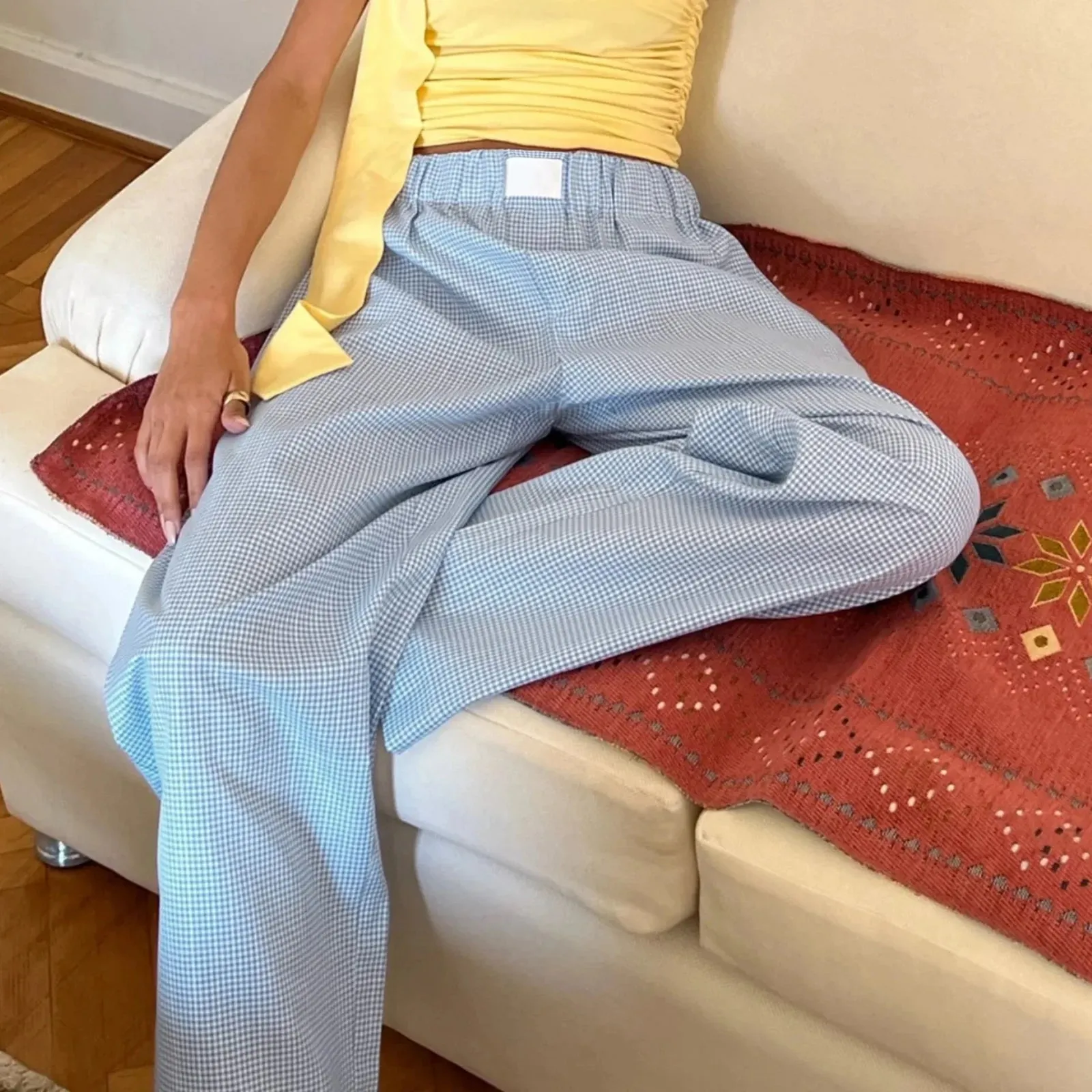 MQTIME  -    Pajama Pants Women Y2k Plaid Elastic High Waist Straight Wide Leg Lounge Pj Pants Soft Pajama Bottoms Sleepwear