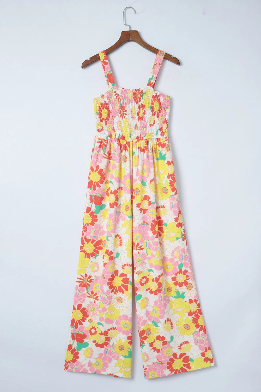Multicolor Floral Print Shirred Sleeveless Wide Leg Jumpsuit