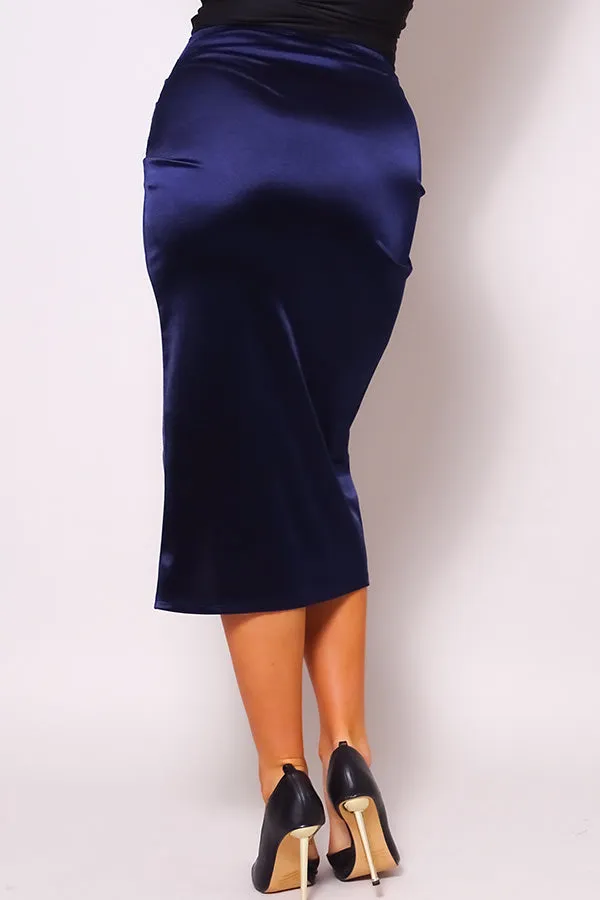 Navy Blue Sexy Gathered Front Crossover Midi Skirt_