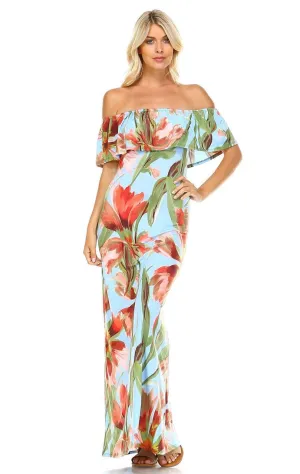 Off The Shoulder Fitted Maxi Dress Floral Flower Blue