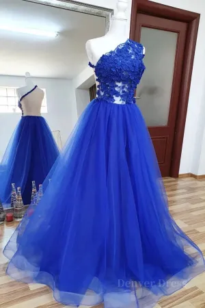 One Shoulder Backless Royal Blue Lace Long Prom Dress Royal Blue Lace Formal Dress Backless Royal Blue Evening Dress