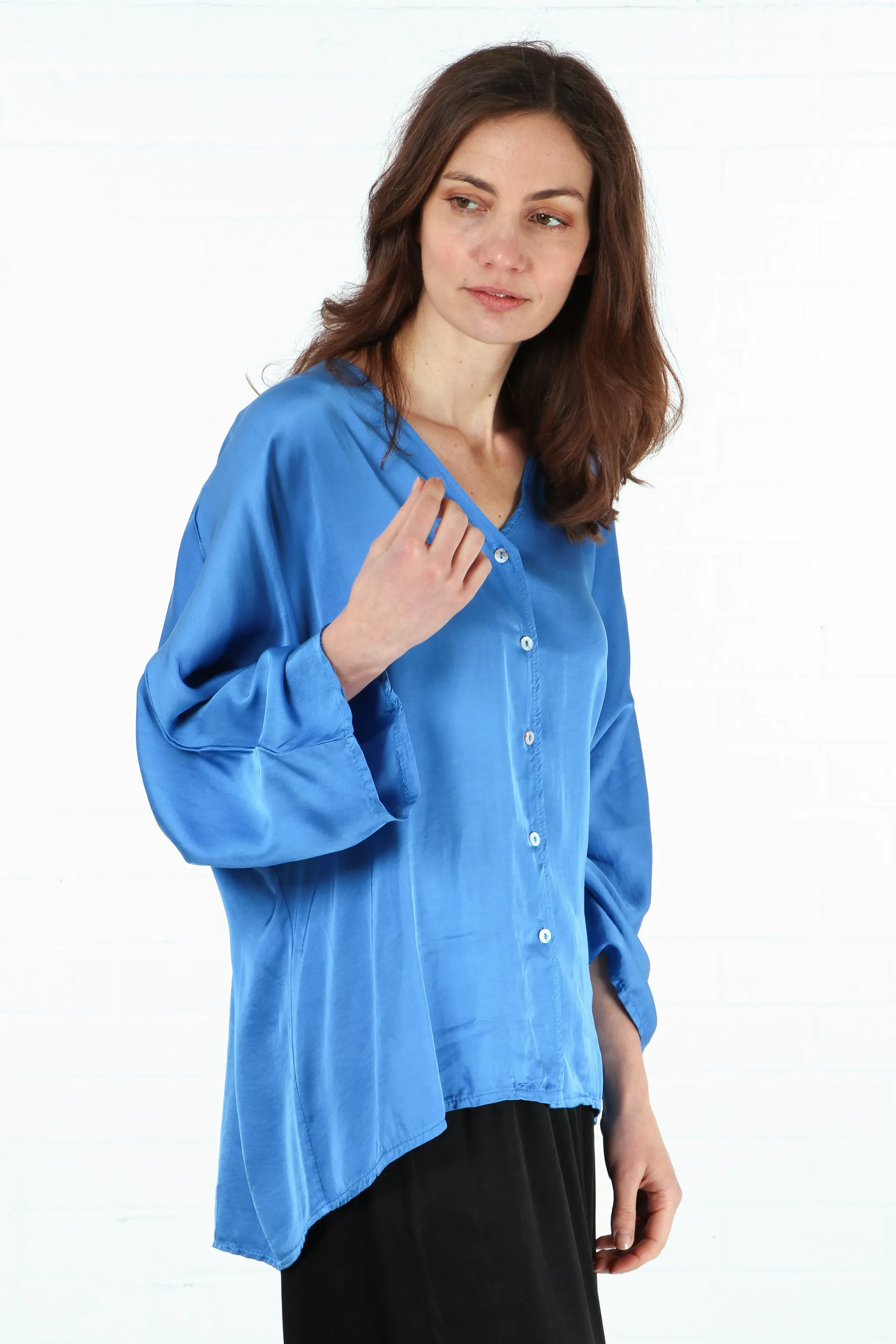 Oversized Button Down Silk Textured Blouse in Blue