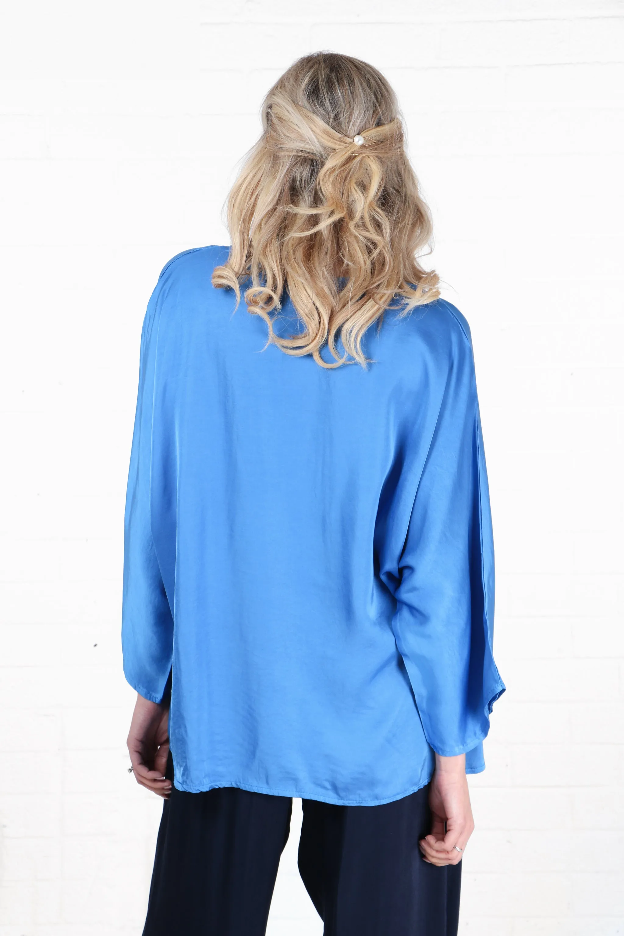 Oversized Button Down Silk Textured Blouse in Blue