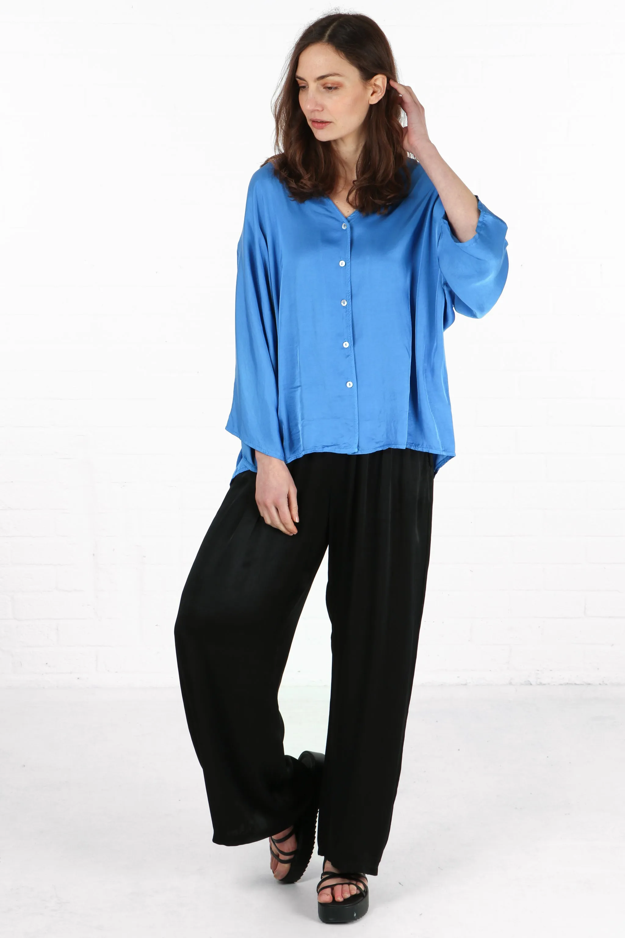 Oversized Button Down Silk Textured Blouse in Blue