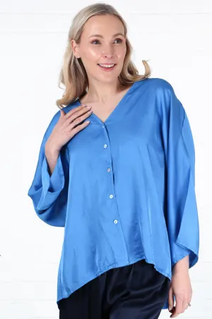 Oversized Button Down Silk Textured Blouse in Blue