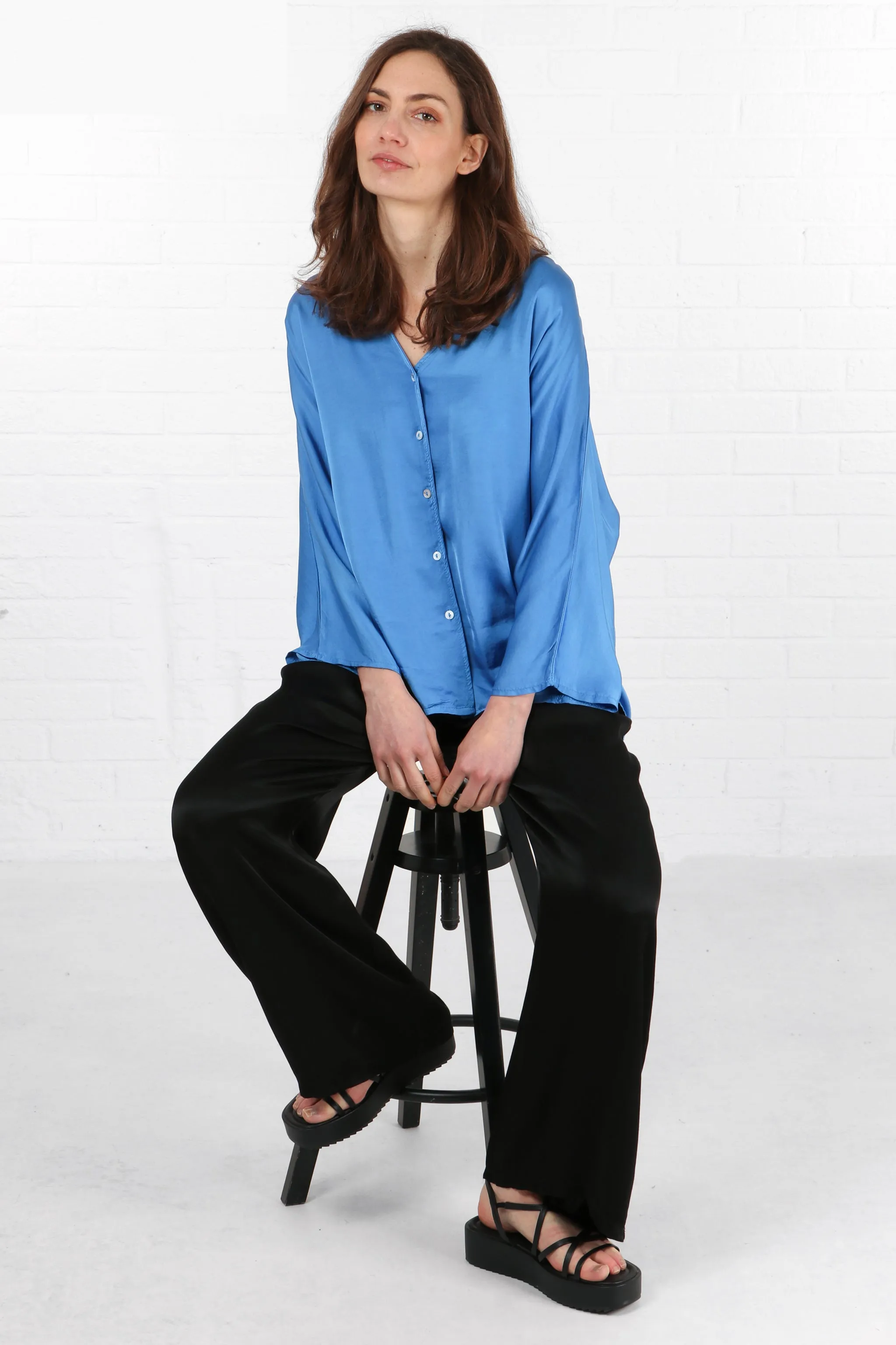 Oversized Button Down Silk Textured Blouse in Blue