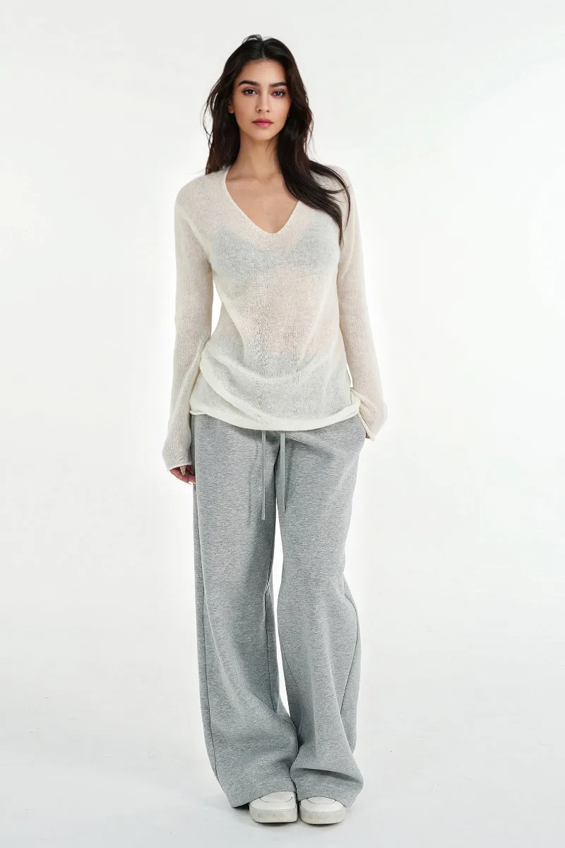 Oversized Wool-Mohair Blend V-Neck Pullover Sweater in Burgundy