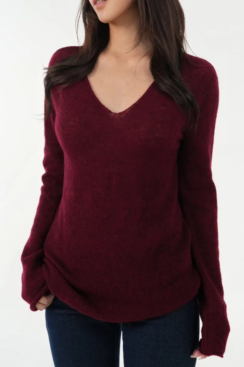 Oversized Wool-Mohair Blend V-Neck Pullover Sweater in Burgundy