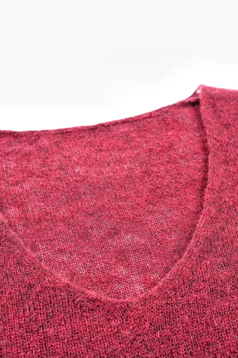 Oversized Wool-Mohair Blend V-Neck Pullover Sweater in Burgundy