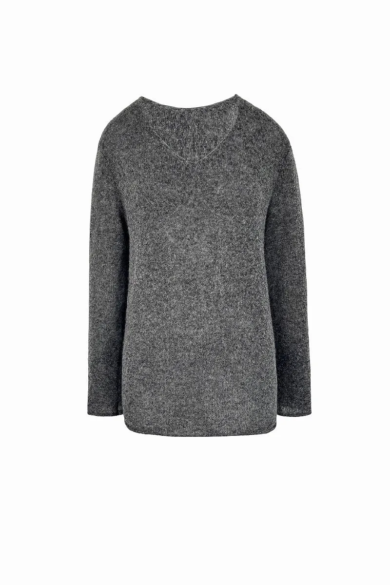 Oversized Wool-Mohair Blend V-Neck Pullover Sweater in Burgundy