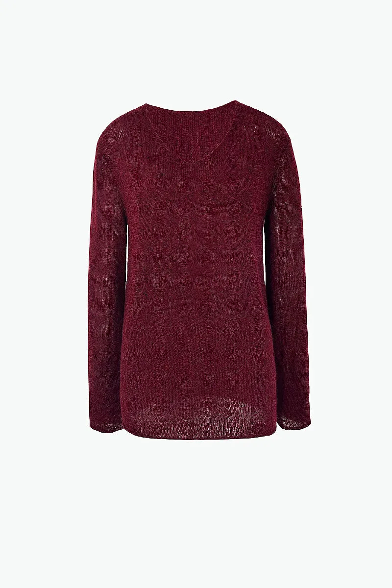 Oversized Wool-Mohair Blend V-Neck Pullover Sweater in Burgundy