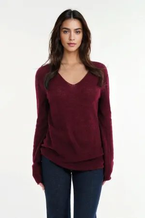 Oversized Wool-Mohair Blend V-Neck Pullover Sweater in Burgundy