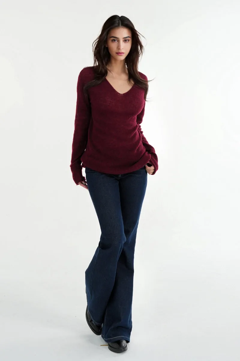 Oversized Wool-Mohair Blend V-Neck Pullover Sweater in Burgundy