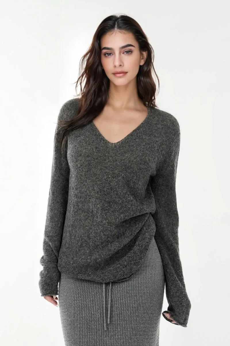 Oversized Wool-Mohair Blend V-Neck Pullover Sweater in Burgundy