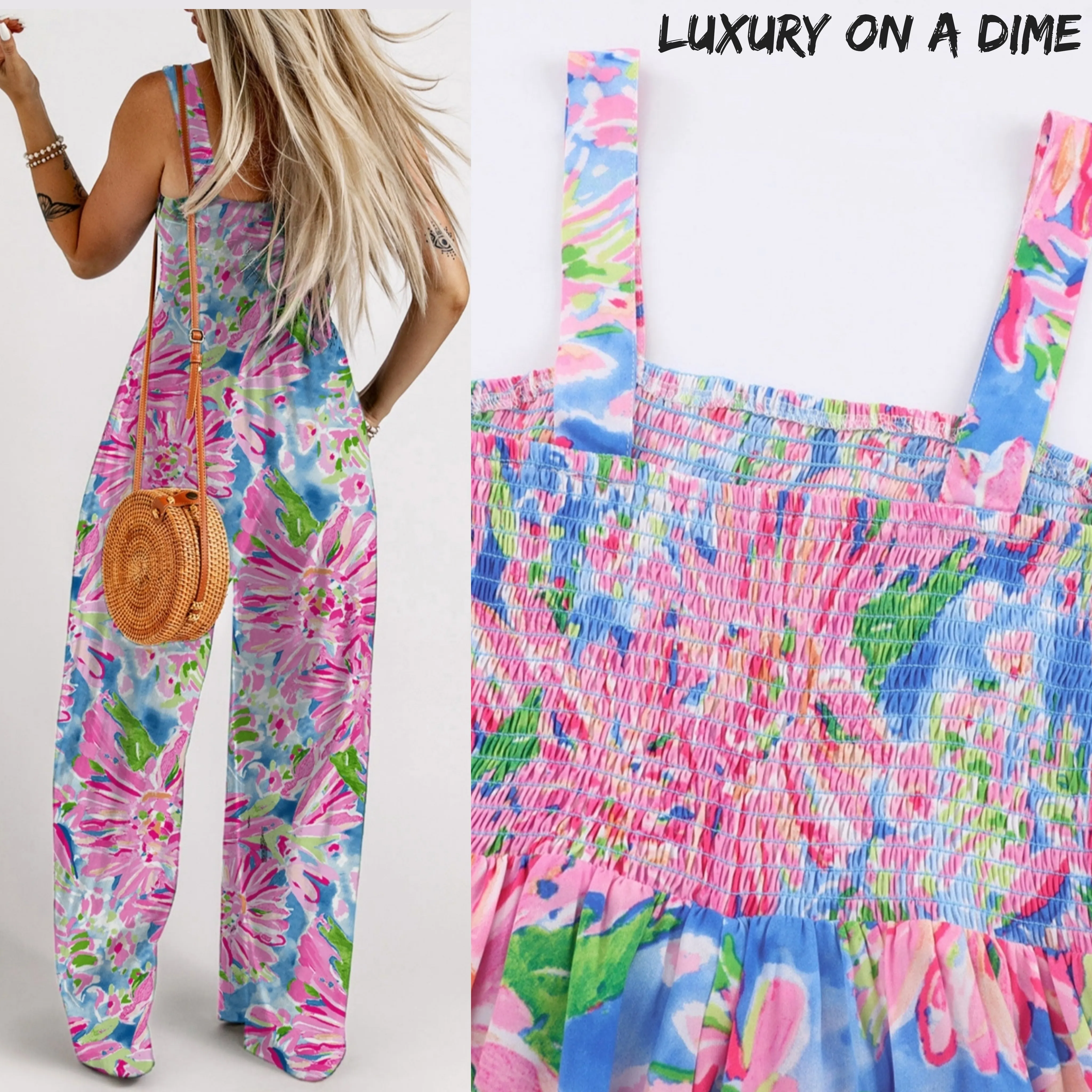 Palm Beach Floral Smock Sleeveless Wide Leg One Piece Pocket Pant Jumpsuit