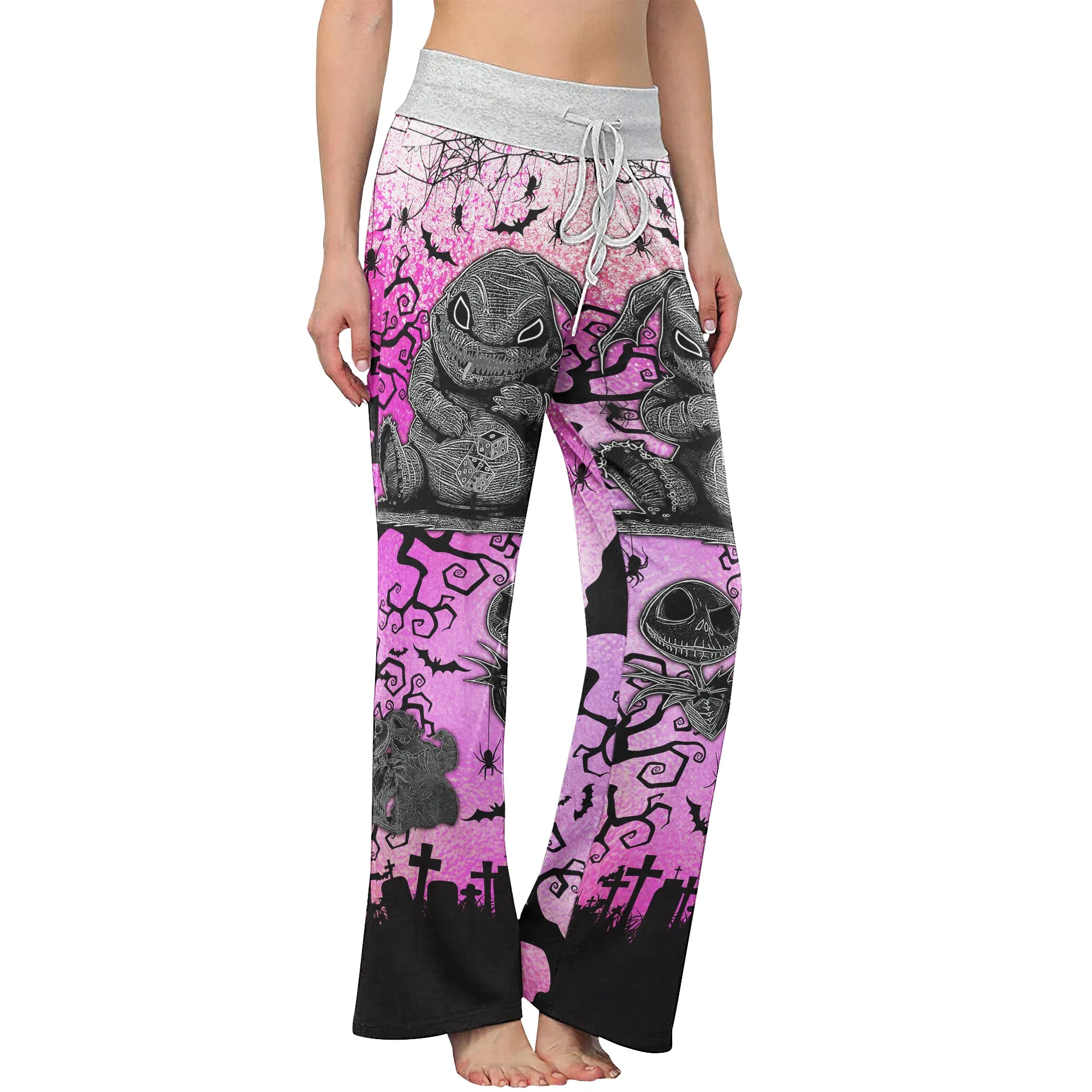 Pink Nightmare Bat Theme Women's High-waisted Wide Leg Pants