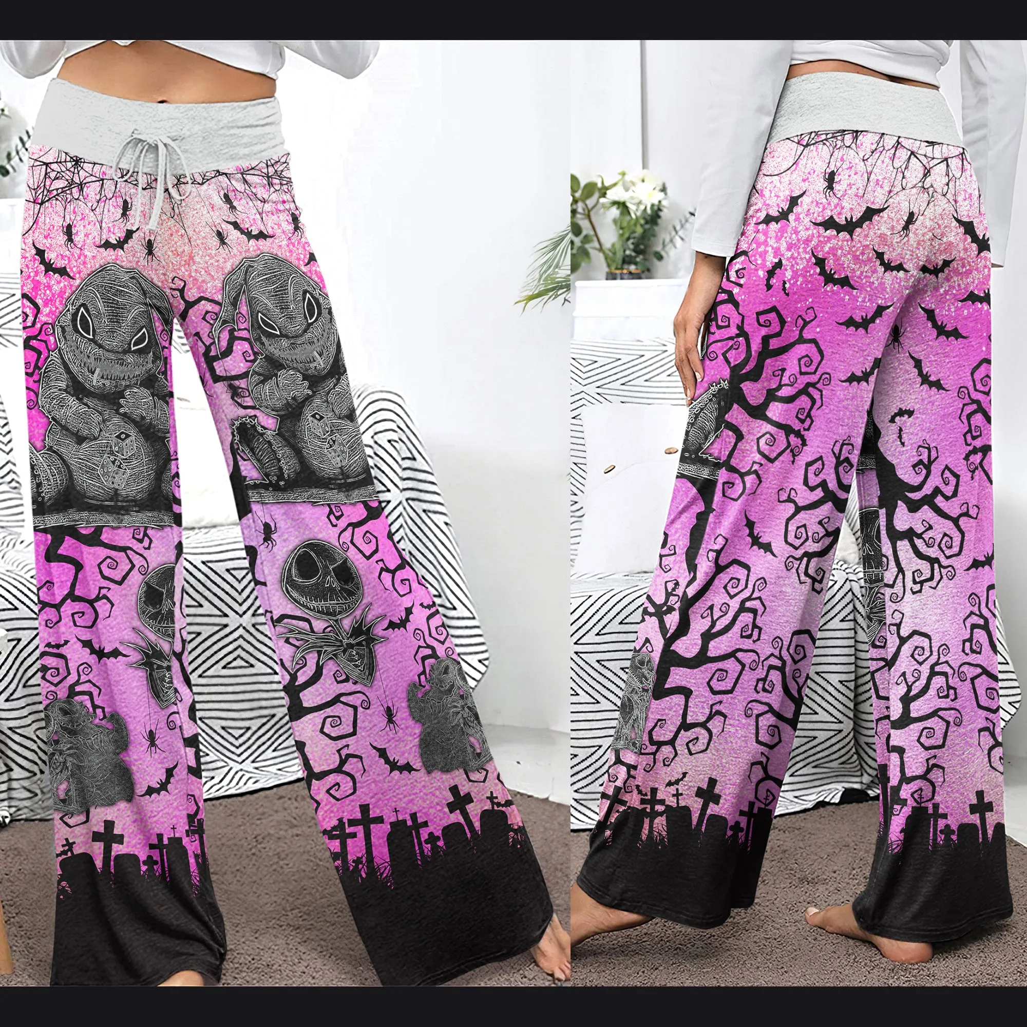 Pink Nightmare Bat Theme Women's High-waisted Wide Leg Pants