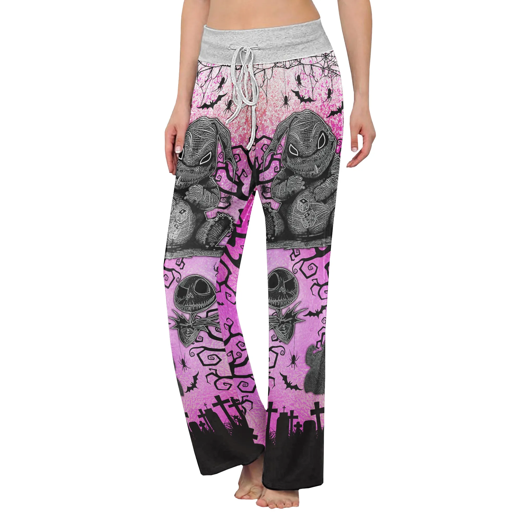Pink Nightmare Bat Theme Women's High-waisted Wide Leg Pants