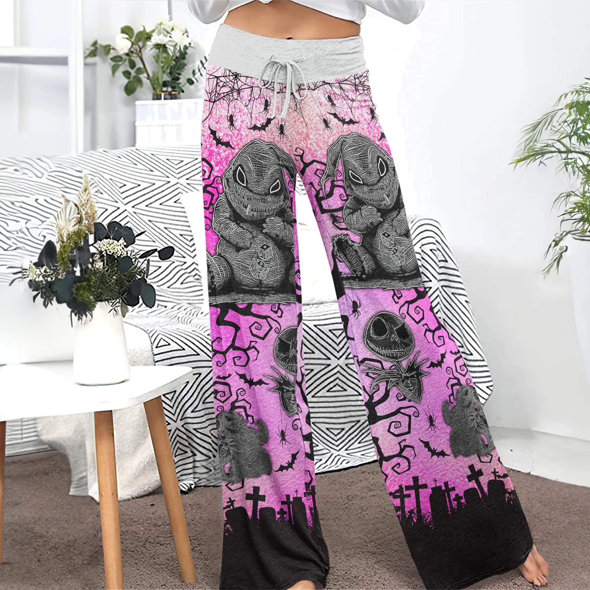 Pink Nightmare Bat Theme Women's High-waisted Wide Leg Pants