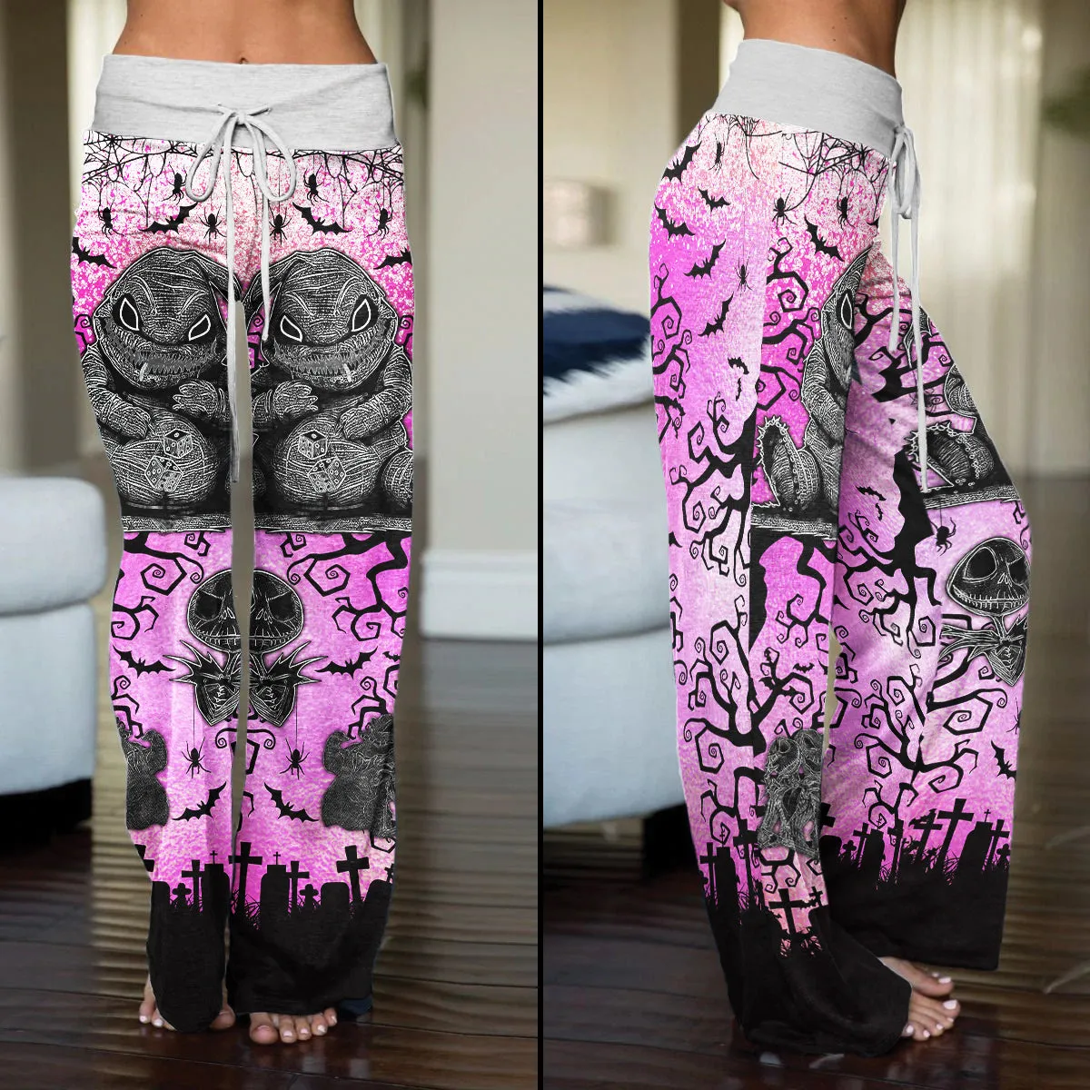 Pink Nightmare Bat Theme Women's High-waisted Wide Leg Pants